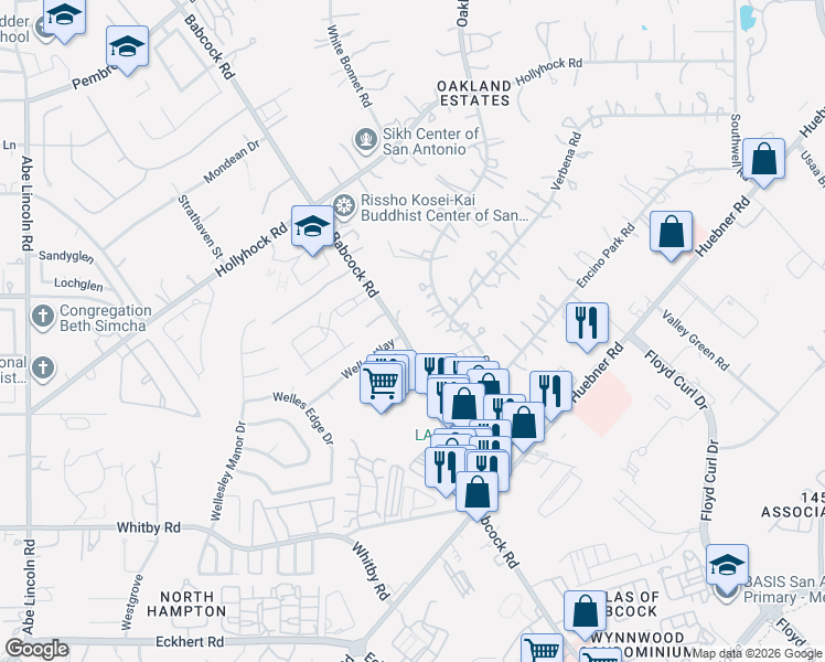map of restaurants, bars, coffee shops, grocery stores, and more near 5965 Babcock Road in San Antonio