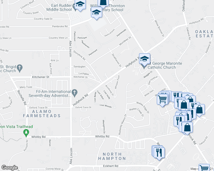 map of restaurants, bars, coffee shops, grocery stores, and more near 6424 Brookway Drive in San Antonio