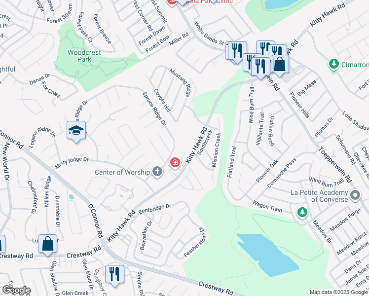 map of restaurants, bars, coffee shops, grocery stores, and more near 9810 Spruce Ridge Drive in Converse