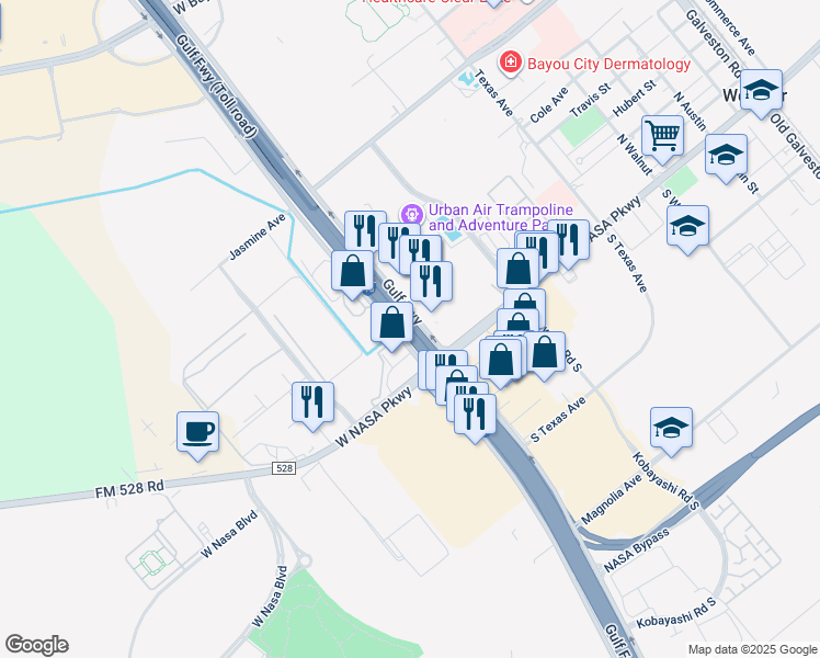 map of restaurants, bars, coffee shops, grocery stores, and more near 535 West Nasa Parkway in Webster