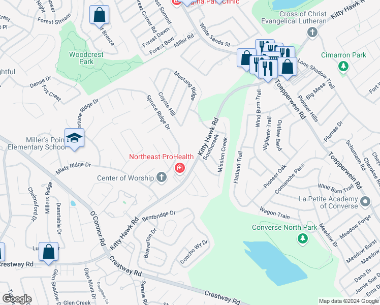 map of restaurants, bars, coffee shops, grocery stores, and more near 9810 Spruce Ridge Drive in Converse
