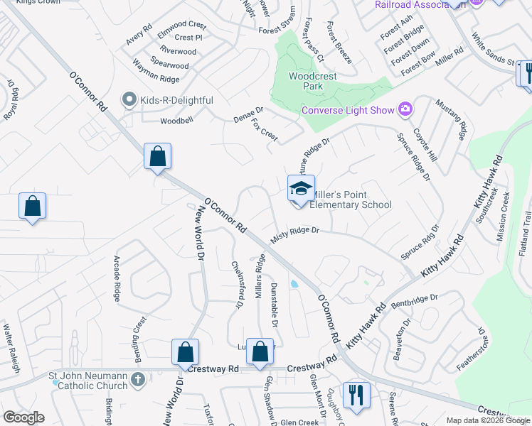 map of restaurants, bars, coffee shops, grocery stores, and more near 9738 Logans Ridge Drive in Converse