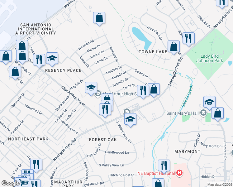map of restaurants, bars, coffee shops, grocery stores, and more near 3123 Leyte Street in San Antonio