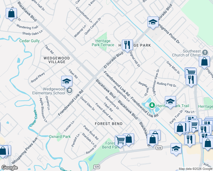 map of restaurants, bars, coffee shops, grocery stores, and more near 16614 Bougainvilla Lane in Friendswood