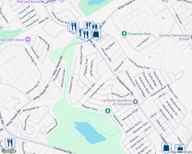 map of restaurants, bars, coffee shops, grocery stores, and more near 10110 Outlaw Bend in Converse