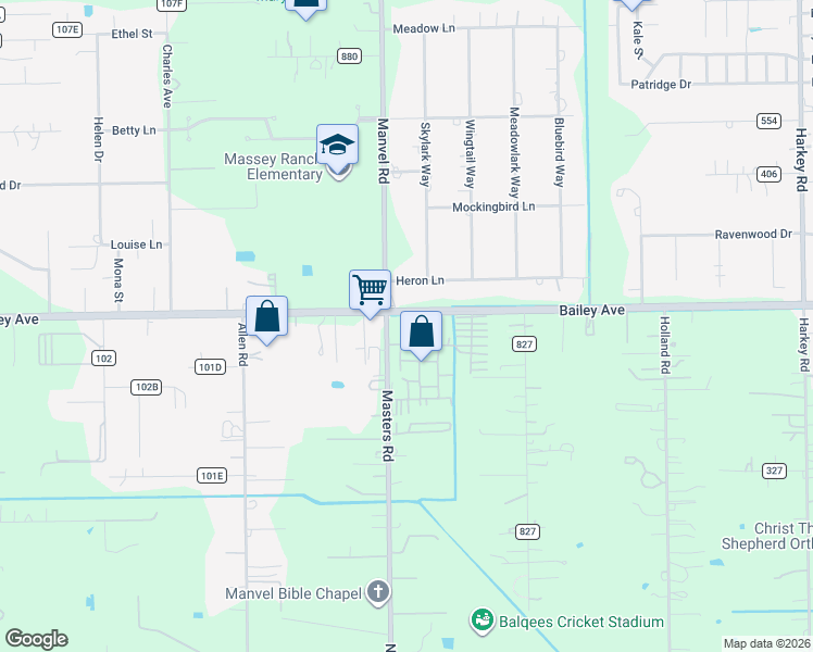 map of restaurants, bars, coffee shops, grocery stores, and more near 4109 Manvel Road in Pearland