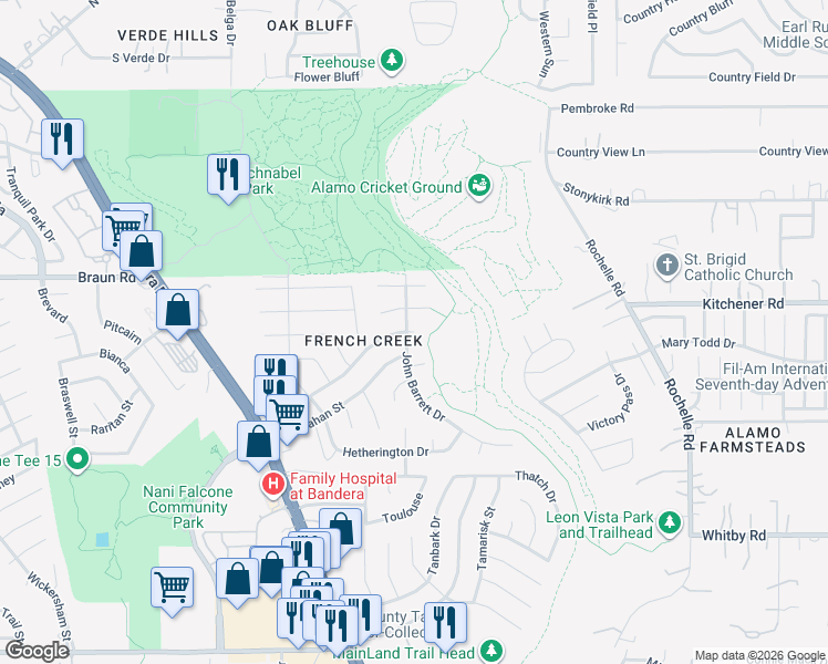 map of restaurants, bars, coffee shops, grocery stores, and more near 7402 Louisa Allen Court in San Antonio