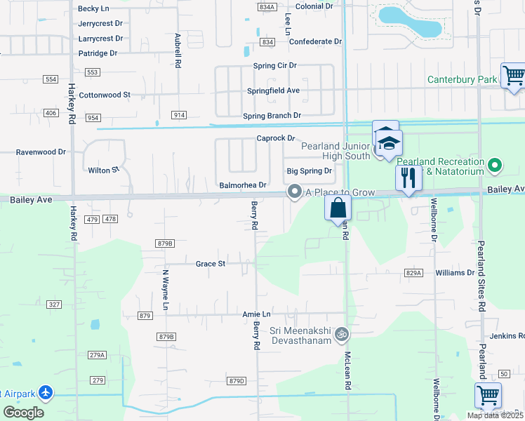 map of restaurants, bars, coffee shops, grocery stores, and more near 5230 Bailey Road in Pearland