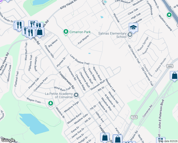 map of restaurants, bars, coffee shops, grocery stores, and more near 8415 Dusty Ridge in Converse