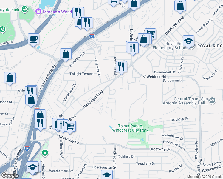map of restaurants, bars, coffee shops, grocery stores, and more near 15 Bedford Bay in San Antonio