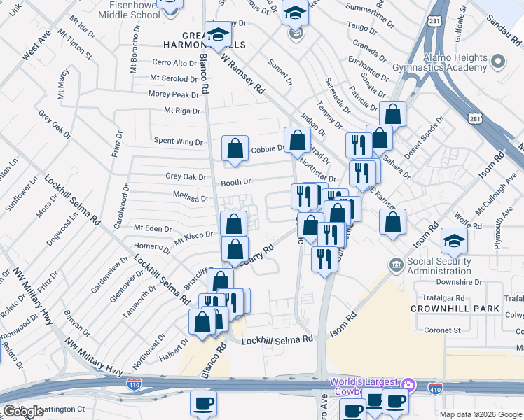 map of restaurants, bars, coffee shops, grocery stores, and more near 7600 Blanco Road in San Antonio
