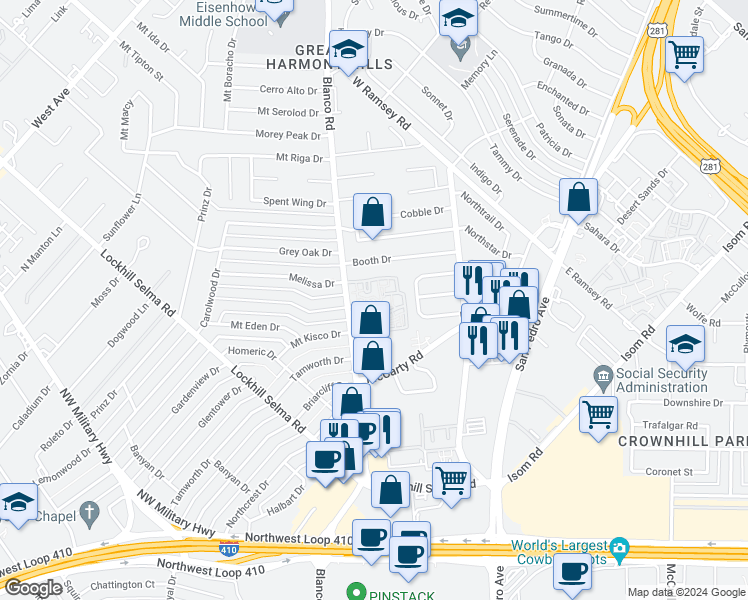 map of restaurants, bars, coffee shops, grocery stores, and more near 204 Blanco Road in San Antonio