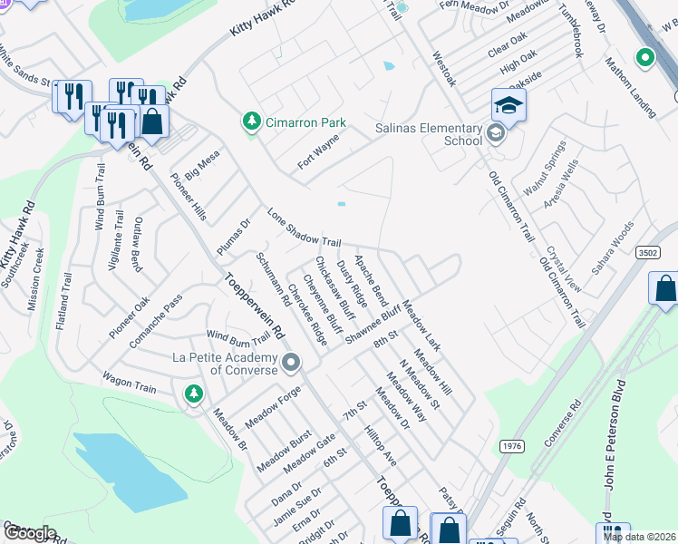 map of restaurants, bars, coffee shops, grocery stores, and more near 8415 Dusty Ridge in Converse