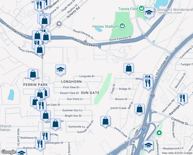 map of restaurants, bars, coffee shops, grocery stores, and more near 4543 Longvale Drive in San Antonio