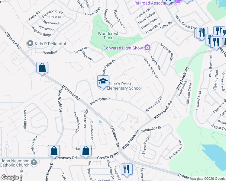 map of restaurants, bars, coffee shops, grocery stores, and more near 9739 Fortune Ridge Drive in Converse