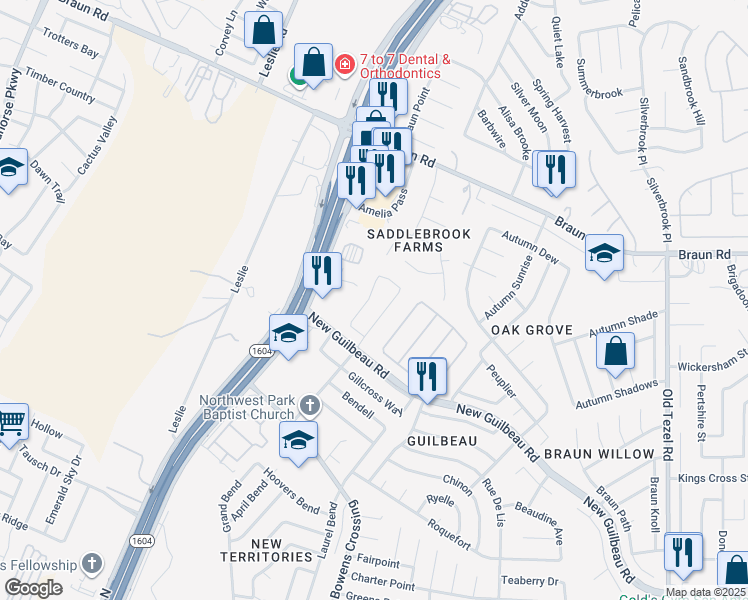 map of restaurants, bars, coffee shops, grocery stores, and more near 8927 Gill Bridge in San Antonio
