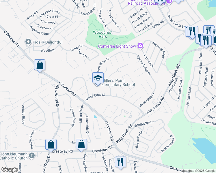 map of restaurants, bars, coffee shops, grocery stores, and more near 9739 Fortune Ridge Drive in Converse