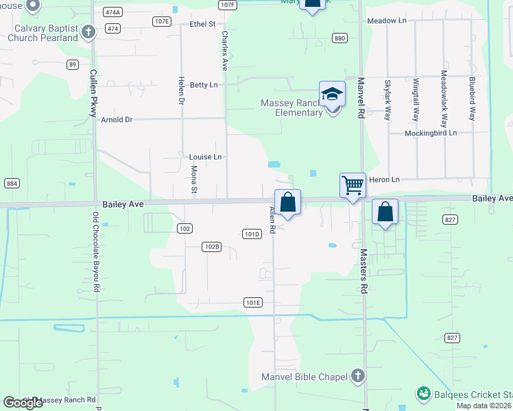 map of restaurants, bars, coffee shops, grocery stores, and more near 7522 Bailey Road in Pearland