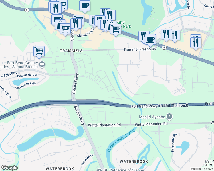 map of restaurants, bars, coffee shops, grocery stores, and more near 3718 Ramble Creek Drive in Missouri City