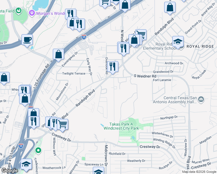 map of restaurants, bars, coffee shops, grocery stores, and more near 15 Bedford Bay in San Antonio