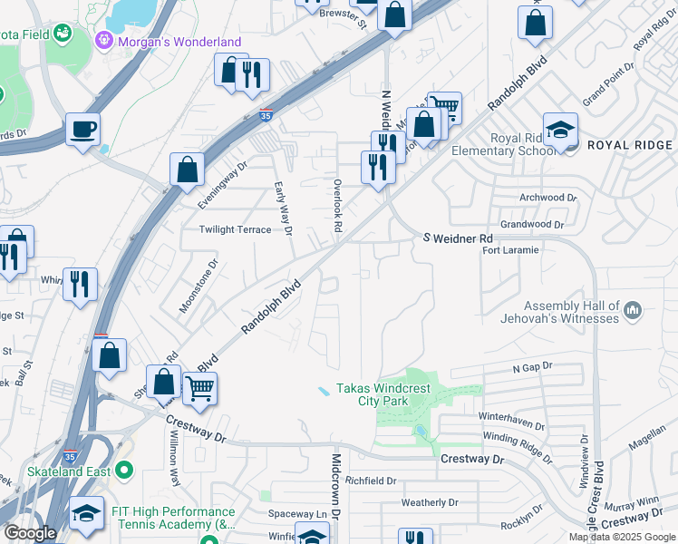 map of restaurants, bars, coffee shops, grocery stores, and more near 15 Bedford Bay in San Antonio