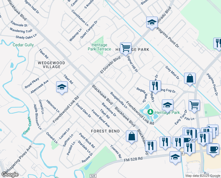 map of restaurants, bars, coffee shops, grocery stores, and more near 16639 Bougainvilla Lane in Friendswood