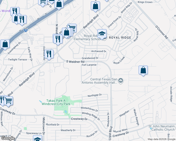 map of restaurants, bars, coffee shops, grocery stores, and more near 10031 Wolf Crossing in San Antonio