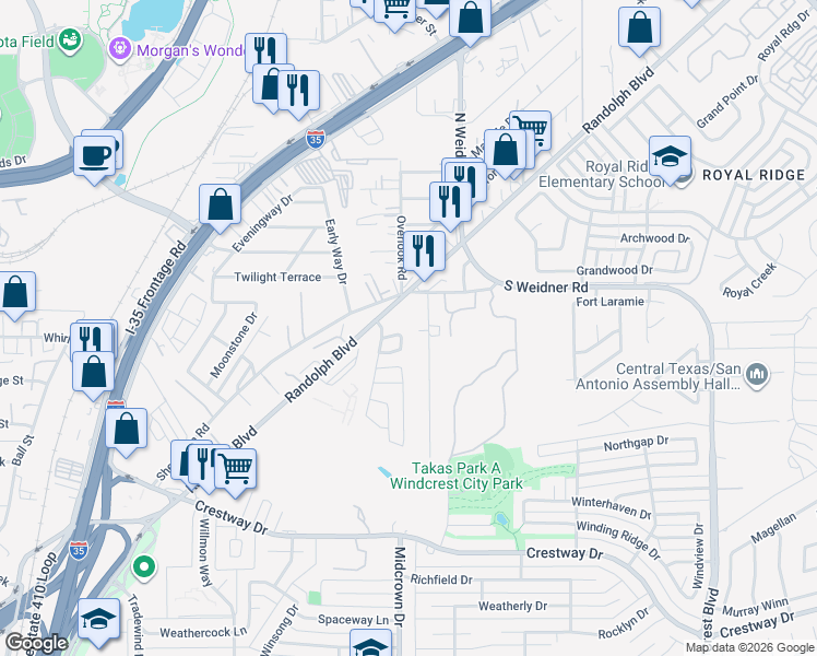 map of restaurants, bars, coffee shops, grocery stores, and more near 15 Bedford Bay in San Antonio