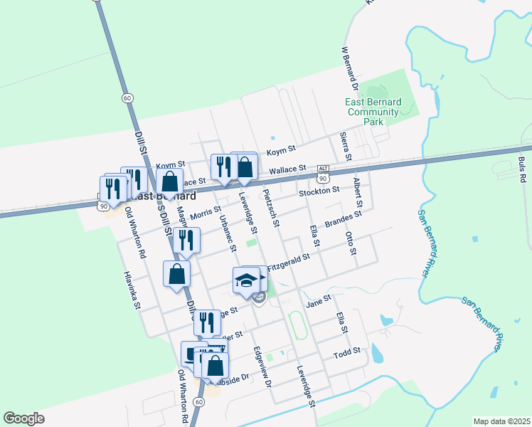 map of restaurants, bars, coffee shops, grocery stores, and more near 209 Pietzsch Street in East Bernard