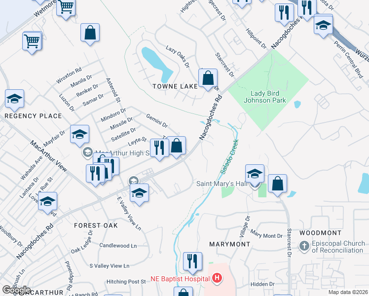 map of restaurants, bars, coffee shops, grocery stores, and more near 3315 Nacogdoches Road in San Antonio