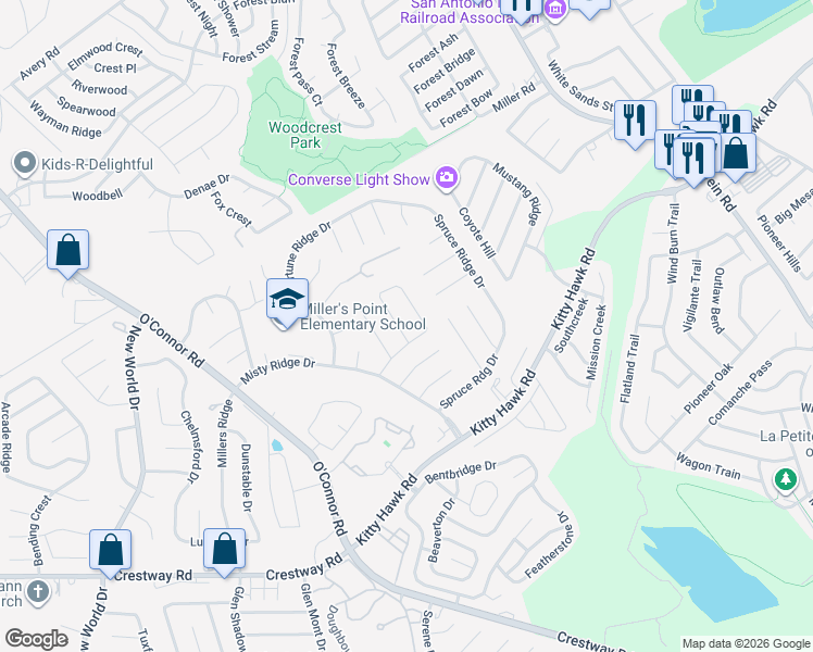 map of restaurants, bars, coffee shops, grocery stores, and more near 7119 Apache Ridge in Converse