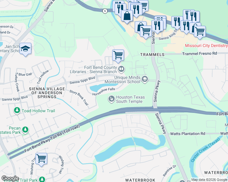 map of restaurants, bars, coffee shops, grocery stores, and more near 5706 Horseshoe Falls in Missouri City