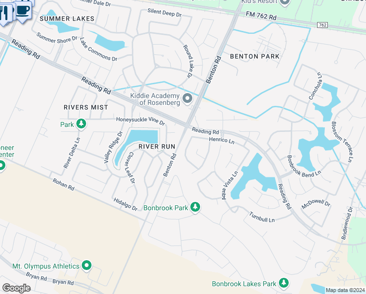 map of restaurants, bars, coffee shops, grocery stores, and more near 802 Pickett Hill Lane in Rosenberg