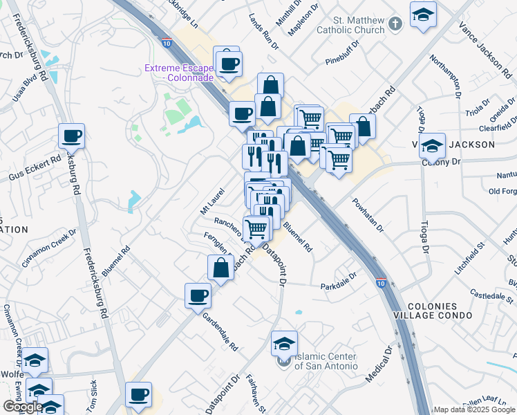 map of restaurants, bars, coffee shops, grocery stores, and more near 9329 Wurzbach Road in San Antonio