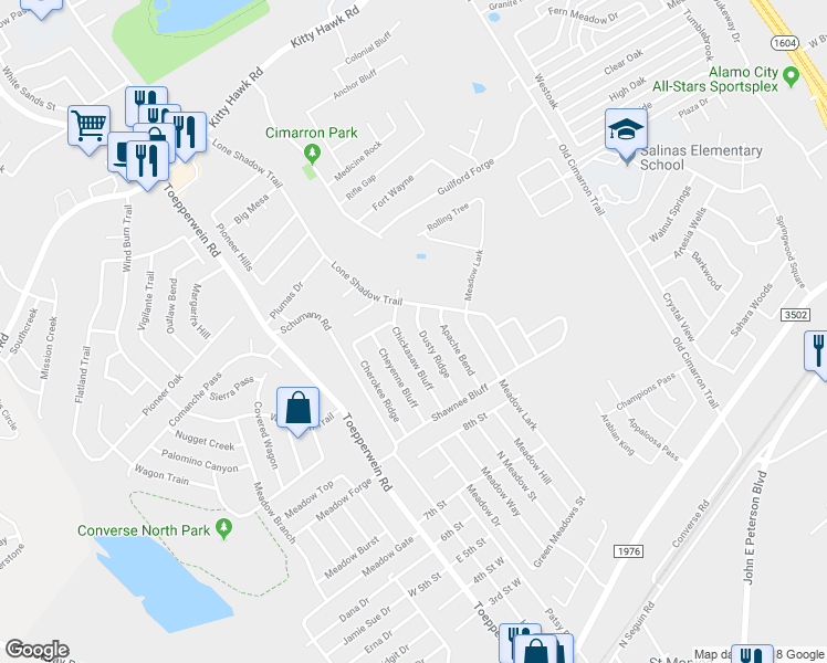 map of restaurants, bars, coffee shops, grocery stores, and more near 8415 Dusty Ridge in Converse