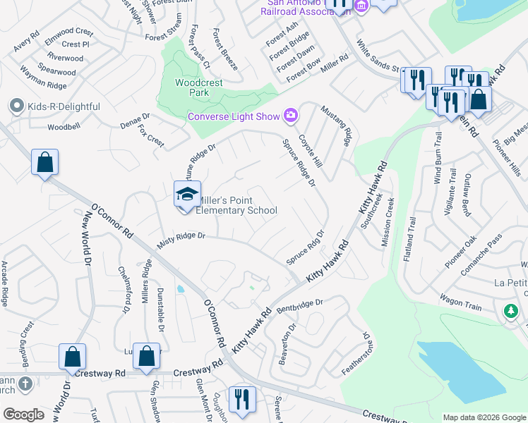 map of restaurants, bars, coffee shops, grocery stores, and more near 7119 Apache Ridge in Converse