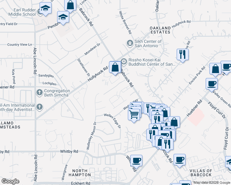 map of restaurants, bars, coffee shops, grocery stores, and more near 9034 Maggie Court in San Antonio
