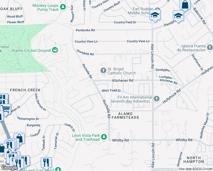 map of restaurants, bars, coffee shops, grocery stores, and more near 6719 Ambush Drive in San Antonio