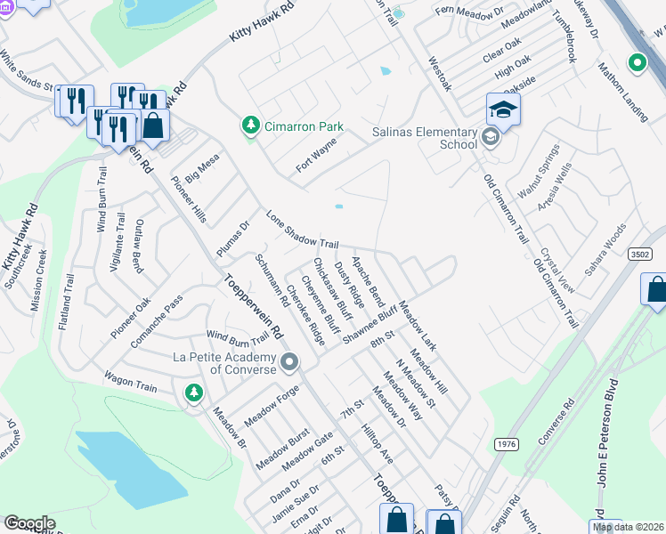 map of restaurants, bars, coffee shops, grocery stores, and more near 8415 Dusty Ridge in Converse