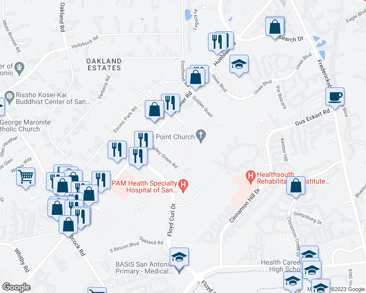 map of restaurants, bars, coffee shops, grocery stores, and more near 9522 Huebner Road in San Antonio