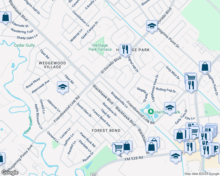 map of restaurants, bars, coffee shops, grocery stores, and more near 16639 Bougainvilla Lane in Friendswood