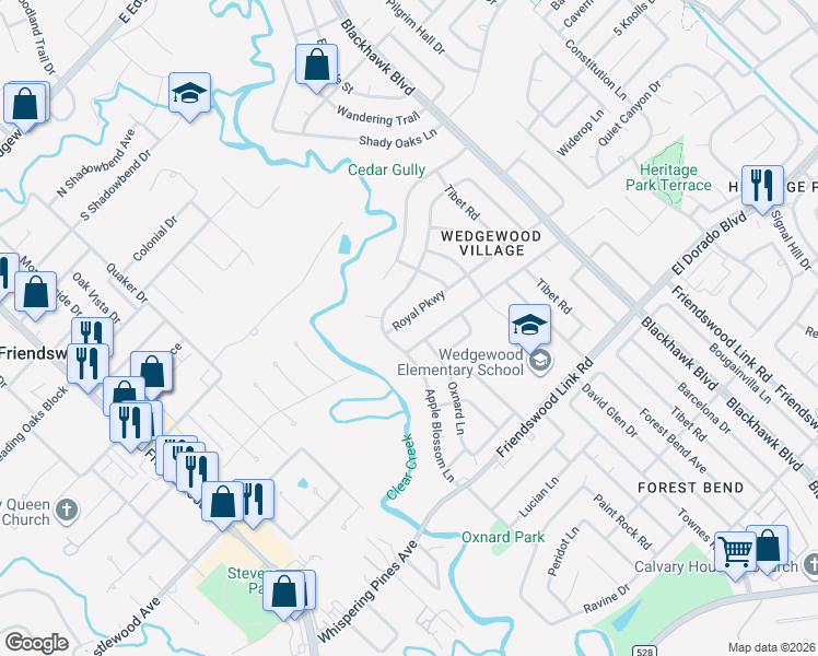 map of restaurants, bars, coffee shops, grocery stores, and more near 5407 Royal Parkway in Friendswood