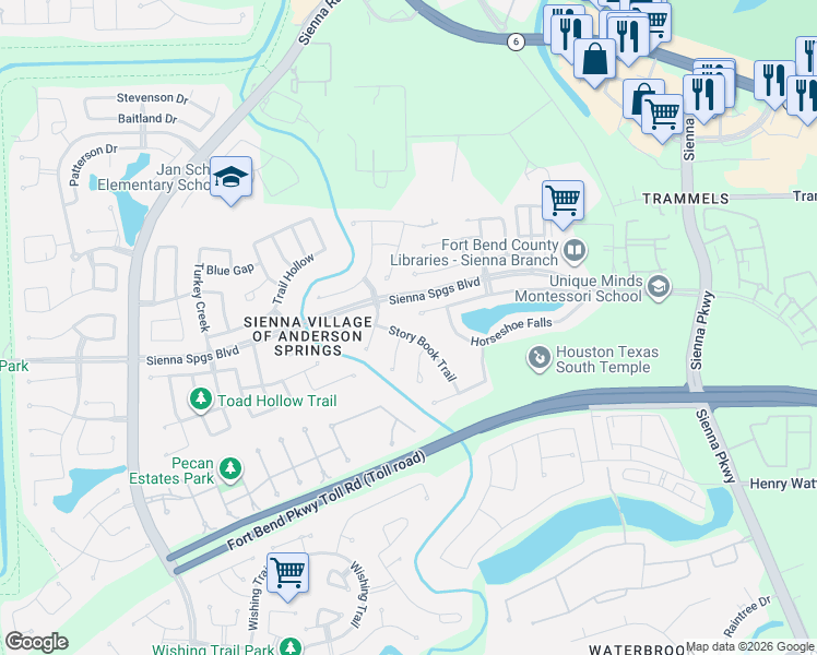 map of restaurants, bars, coffee shops, grocery stores, and more near 5818 Story Book Trail in Missouri City