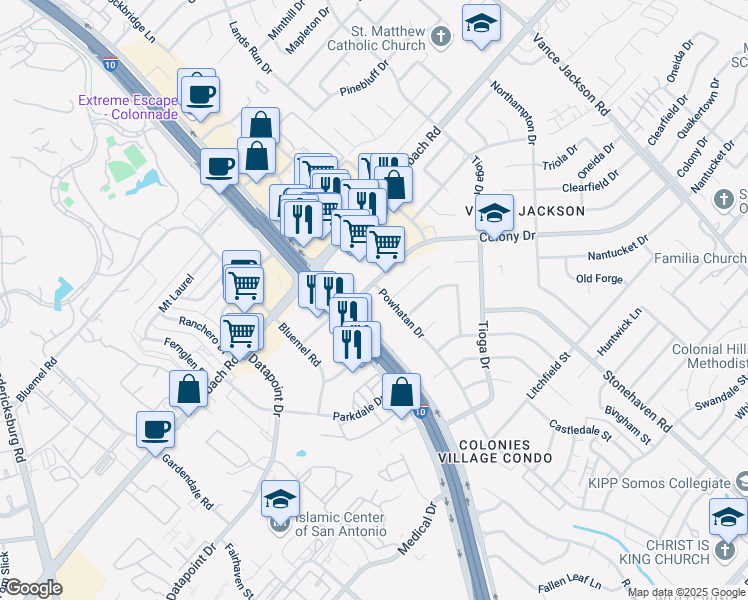 map of restaurants, bars, coffee shops, grocery stores, and more near 3747 Chartwell Drive in San Antonio