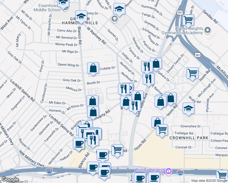 map of restaurants, bars, coffee shops, grocery stores, and more near 522 Tara Drive in San Antonio