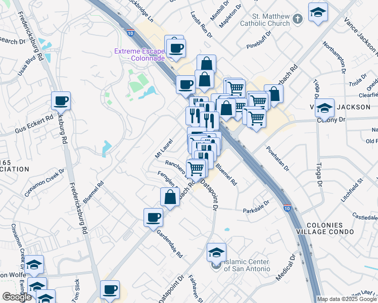 map of restaurants, bars, coffee shops, grocery stores, and more near 9329 Wurzbach Road in San Antonio