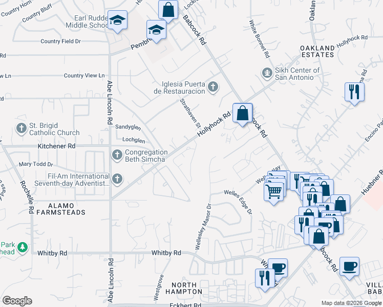 map of restaurants, bars, coffee shops, grocery stores, and more near 9318 Whisper Point in San Antonio