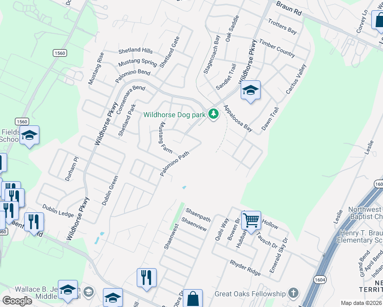 map of restaurants, bars, coffee shops, grocery stores, and more near 9650 Palomino Path in San Antonio