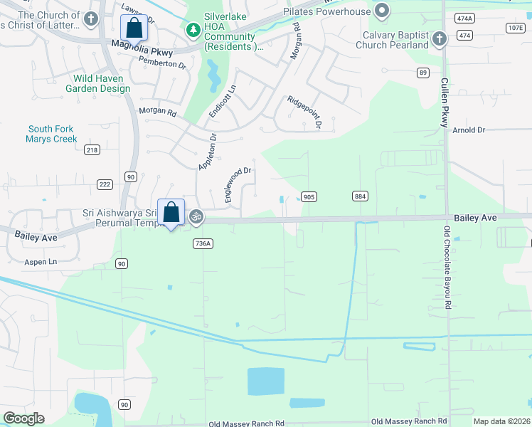 map of restaurants, bars, coffee shops, grocery stores, and more near 3905 Bailey Road in Pearland