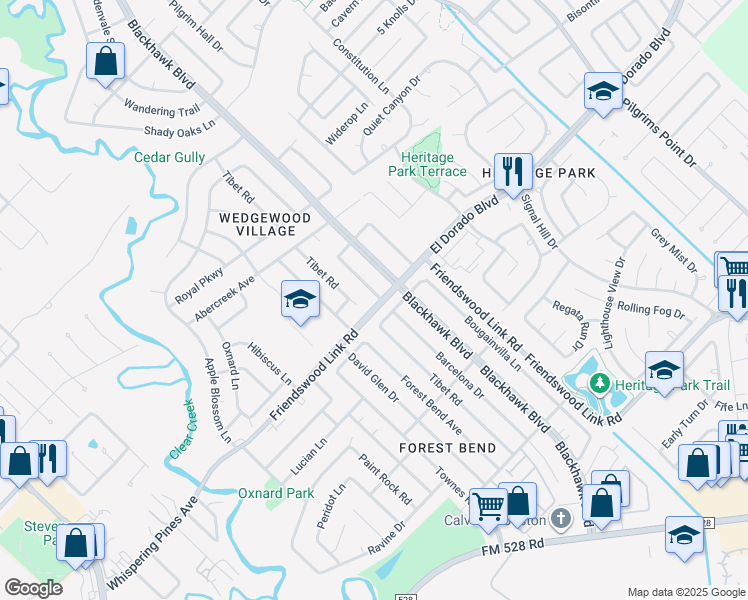 map of restaurants, bars, coffee shops, grocery stores, and more near 16522 Barcelona Drive in Friendswood
